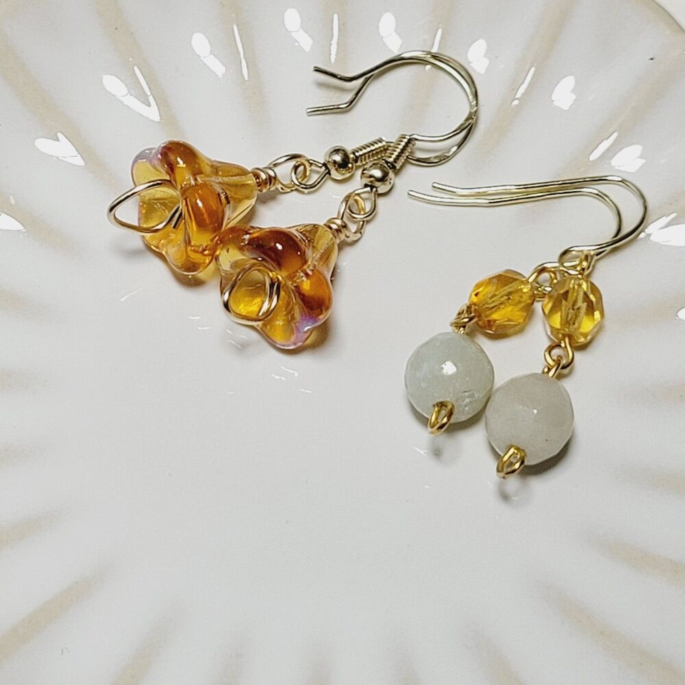 Beige Amazonite dangles AND Amber Flower Drops Hidden Meaning earrings 662■